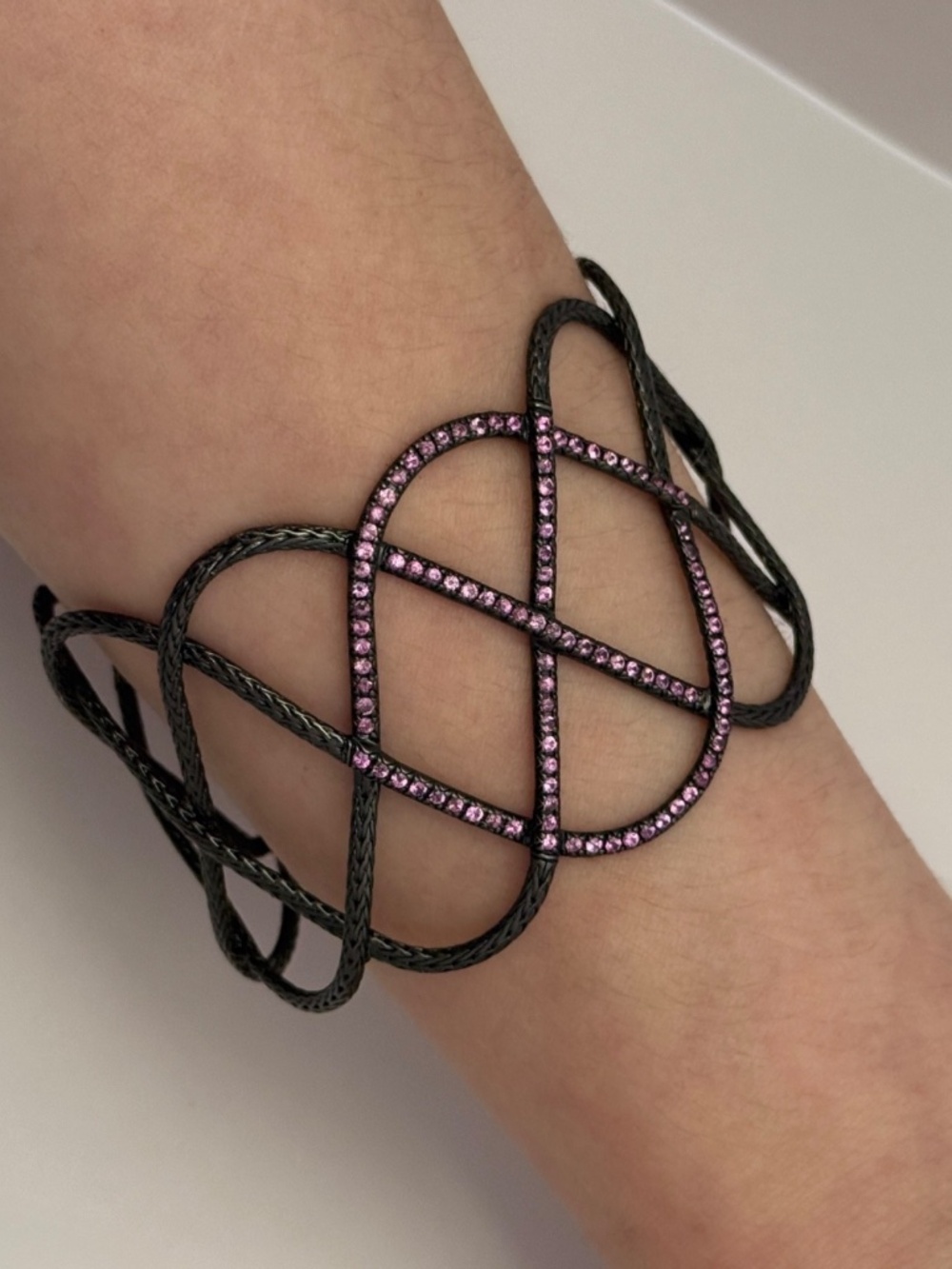 JOHN HARDY Classic Chain Pink Sapphire Braided Cuff Bracelet Sterling Silver